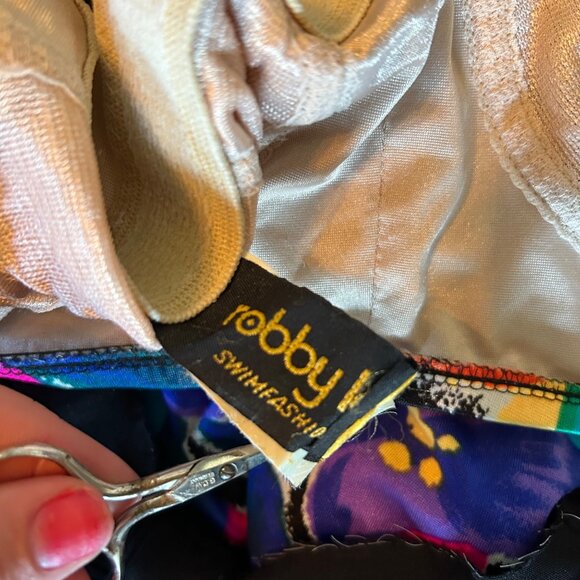 Vintage Robby Len Neon Floral Tropical Strapless Tie Front Swimsuit 16 - Picture 5 of 6